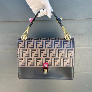 FENDI Brown & Black Leather Zucca Logo Monogram Kan Top Handle Crossbody Bag